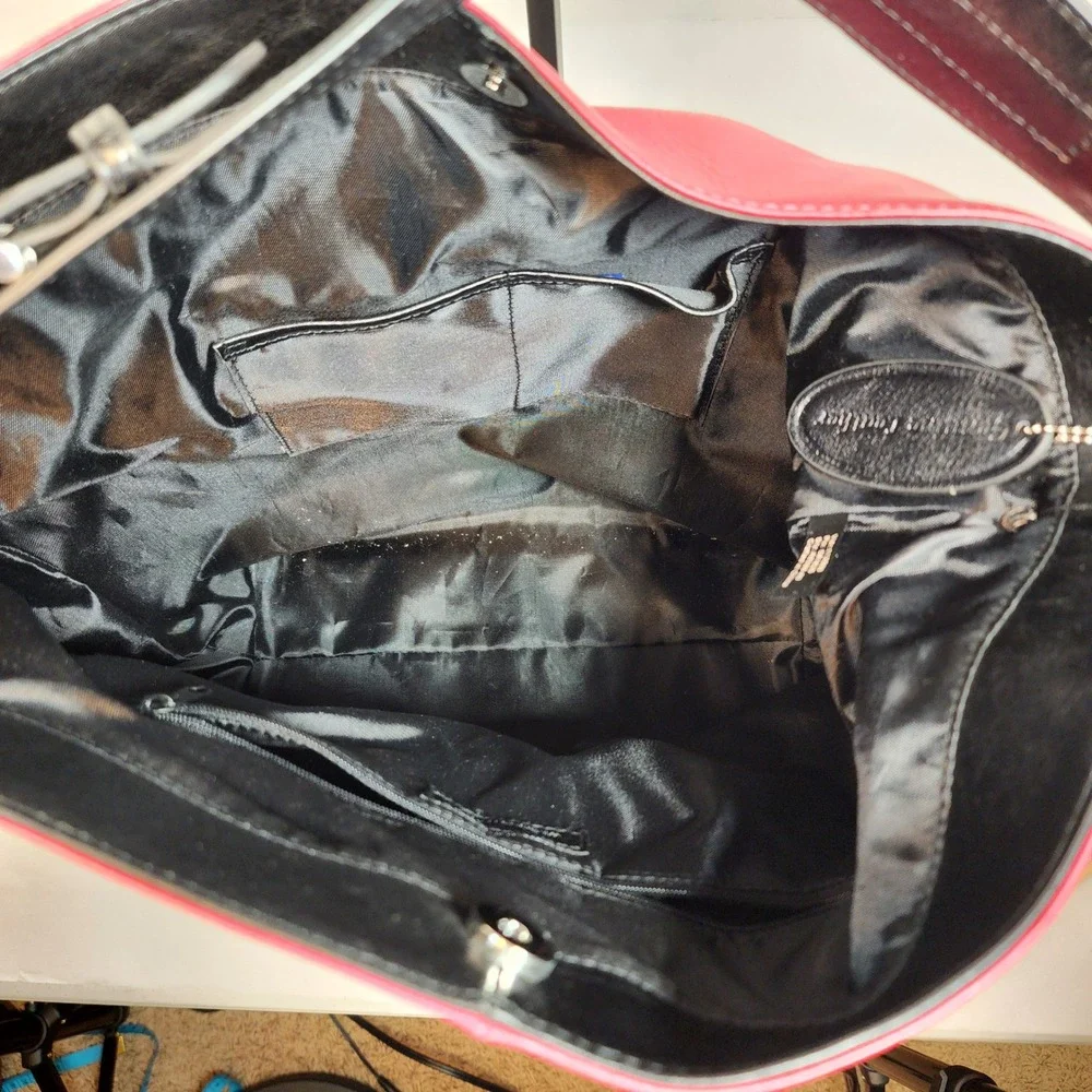 Two Tone Pink‎ and Black Leather Hobo Shoulder Bag with Adjustable Strap